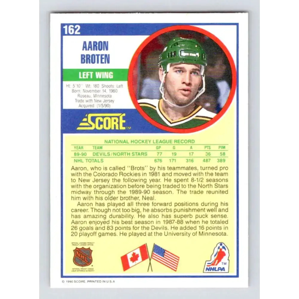 1990-91 Score #162 Aaron Broten NM-MT Minnesota North Stars Hockey Card - Hockey Card Single