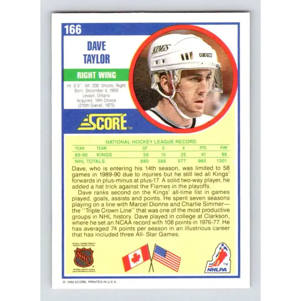 1990-91 Score #166 Dave Taylor NM-MT Los Angeles Kings Hockey Card - Hockey Card Single