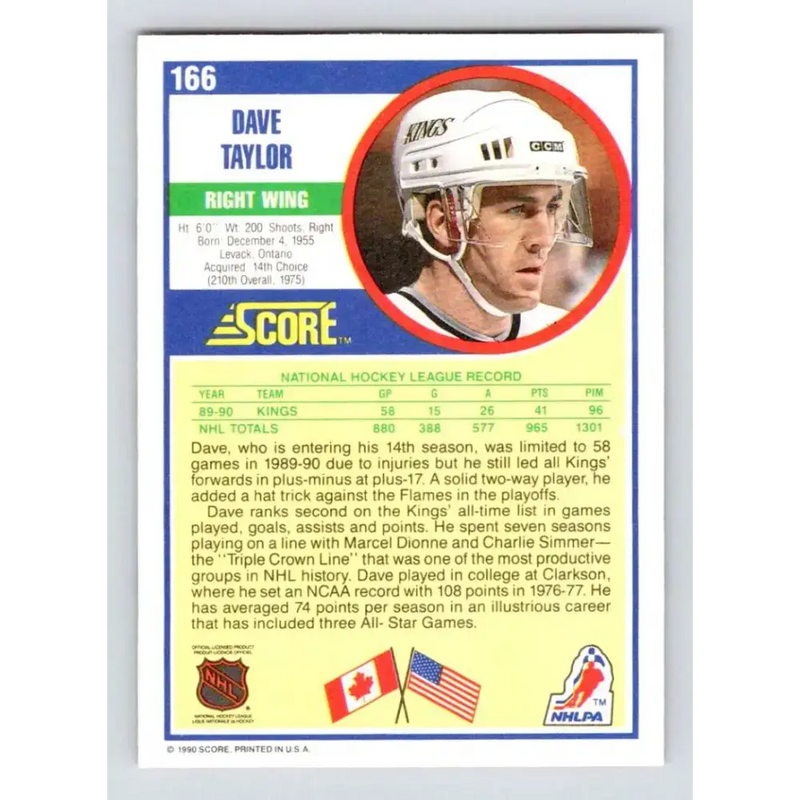 1990-91 Score #166 Dave Taylor NM-MT Los Angeles Kings Hockey Card - Hockey Card Single