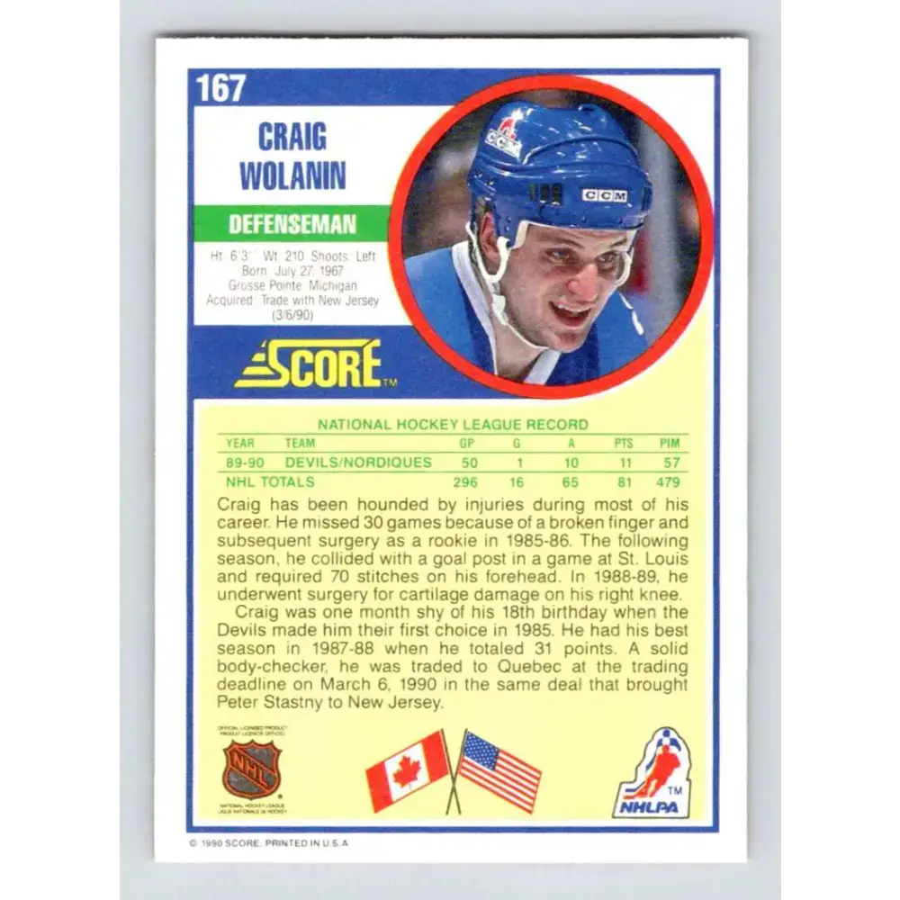 1990-91 Score #167 Craig Wolanin NM-MT RC Rookie Quebec Nordiques Hockey Card