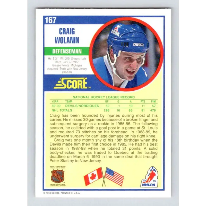 1990-91 Score #167 Craig Wolanin NM-MT RC Rookie Quebec Nordiques Hockey Card