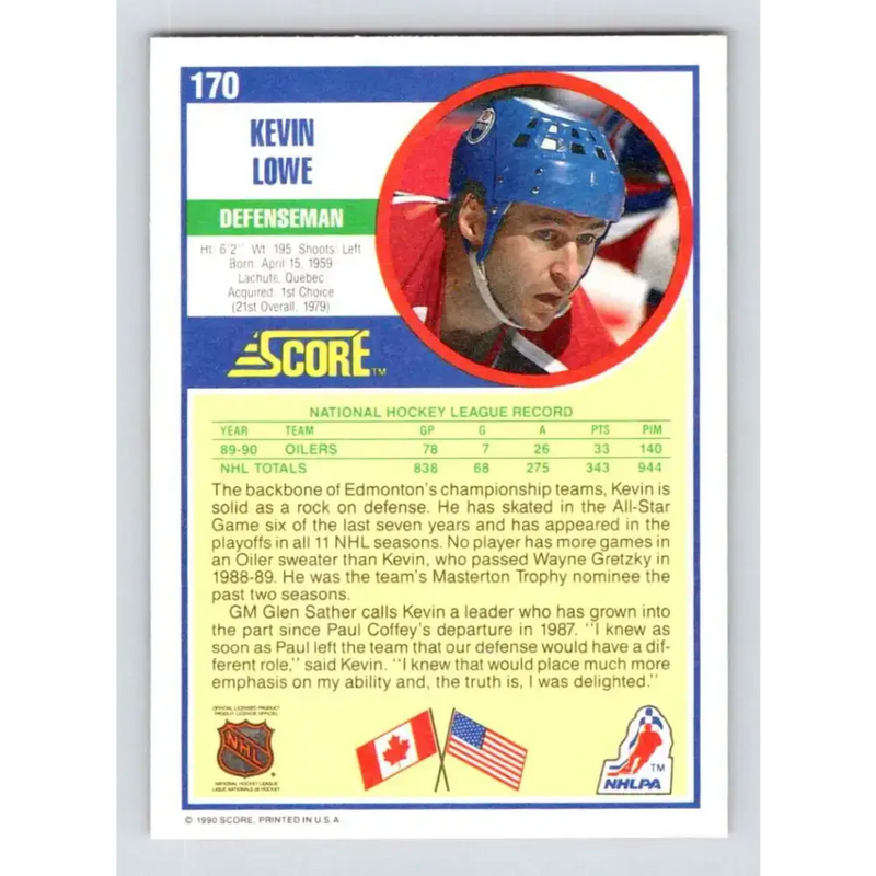 1990-91 Score #170 Kevin Lowe NM-MT Edmonton Oilers Hockey Card - Hockey Card Single