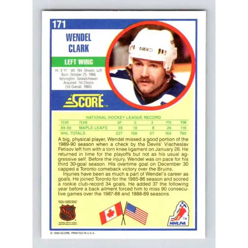 1990-91 Score #171 Wendel Clark NM-MT Toronto Maple Leafs Hockey Card - Hockey Card Single