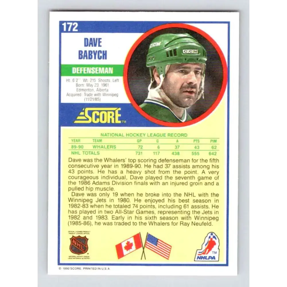 1990-91 Score #172 Dave Babych NM-MT Hartford Whalers Hockey Card