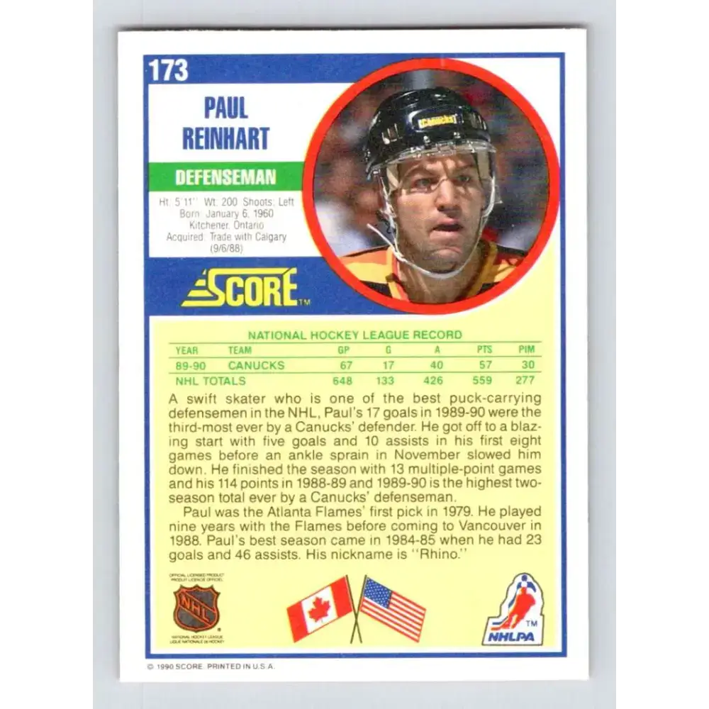 1990-91 Score #173 Paul Reinhart NM-MT Vancouver Canucks Hockey Card - Hockey Card Single