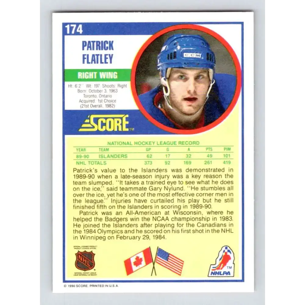 1990-91 Score #174 Patrick Flatley NM-MT New York Islanders Hockey Card - Hockey Card Single