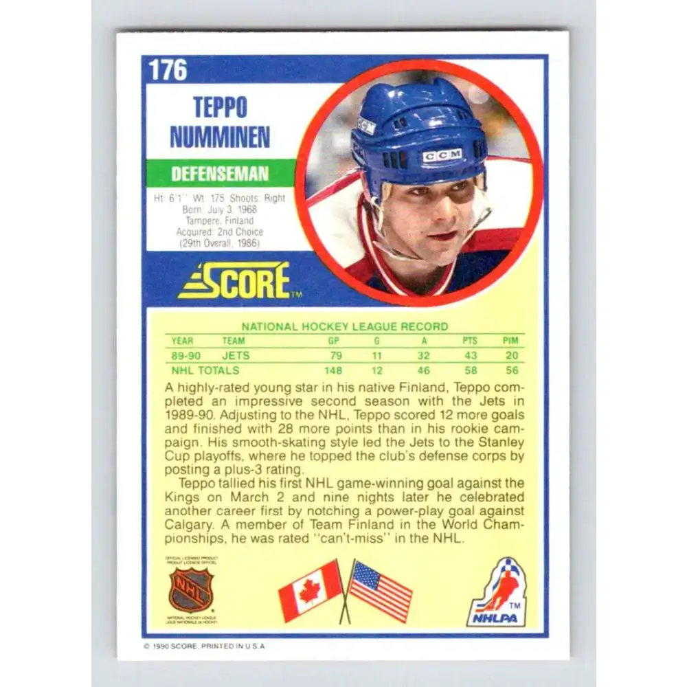 1990-91 Score #176 Teppo Numminen NM-MT RC Rookie Winnipeg Jets Hockey Card - Hockey Card Single
