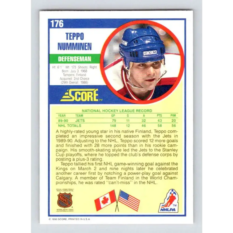 1990-91 Score #176 Teppo Numminen NM-MT RC Rookie Winnipeg Jets Hockey Card - Hockey Card Single