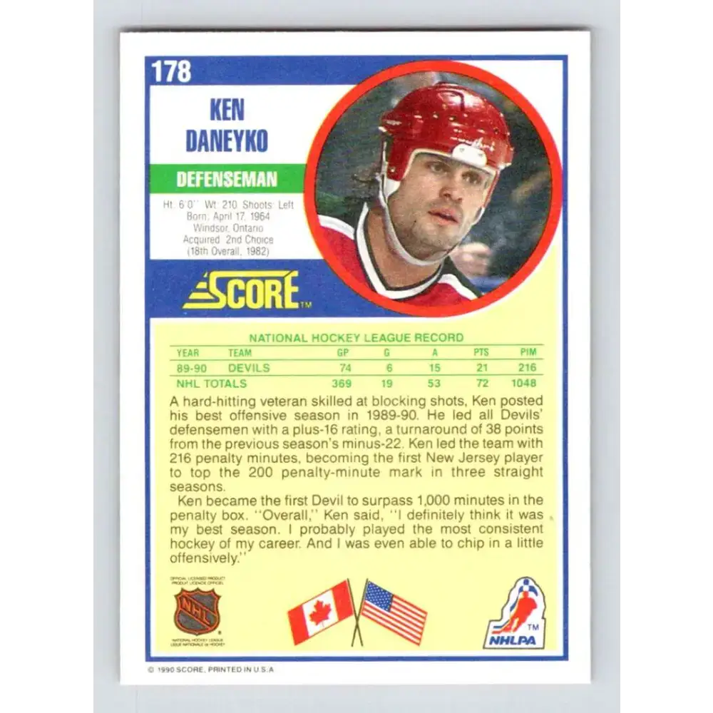 1990-91 Score #178 Ken Daneyko NM-MT New Jersey Devils Hockey Card - Hockey Card Single