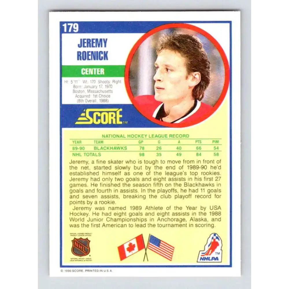 1990-91 Score #179 Jeremy Roenick NM-MT RC Rookie Chicago Blackhawks Hockey Card - Hockey Card Single