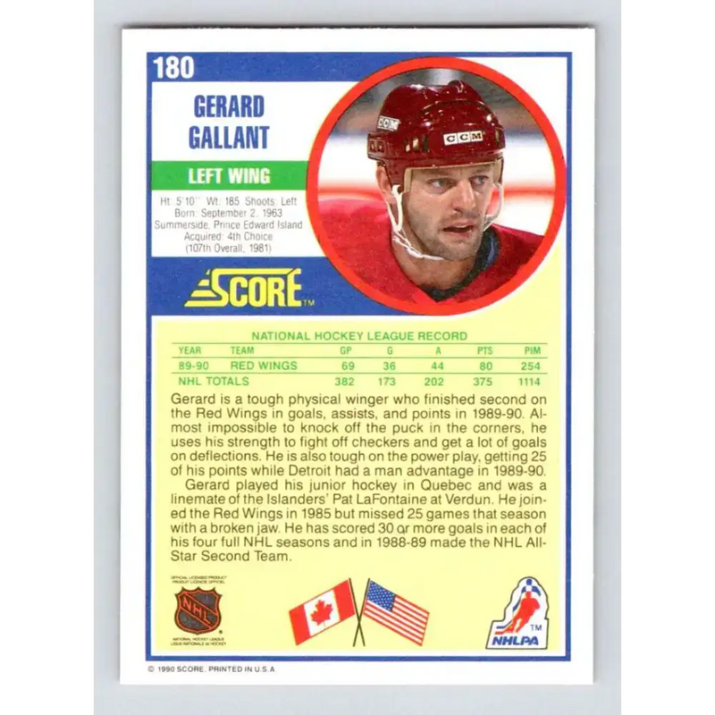 1990-91 Score #180 Gerard Gallant NM-MT Detroit Red Wings Hockey Card - Hockey Card Single