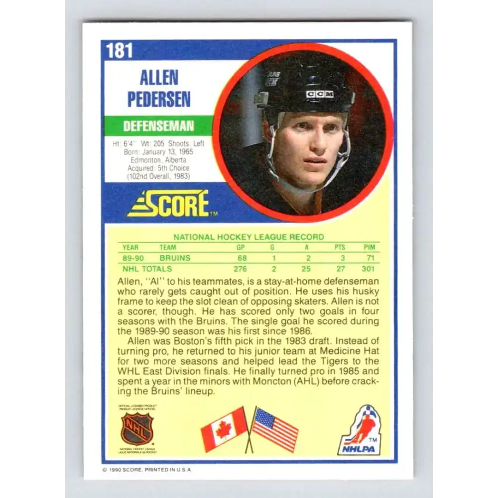 1990-91 Score #181 Allen Pedersen NM-MT Boston Bruins Hockey Card - Hockey Card Single