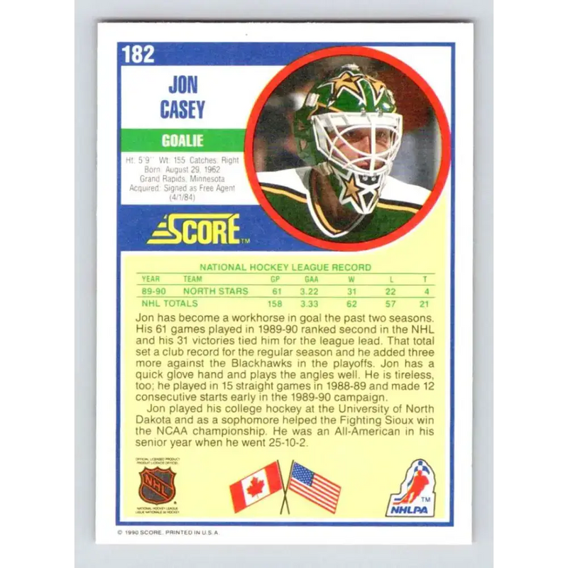 1990-91 Score #182 Jon Casey NM-MT Minnesota North Stars Hockey Card