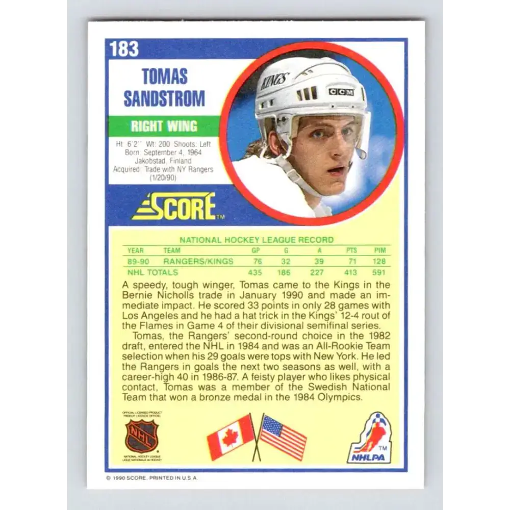 1990-91 Score #183 Tomas Sandstrom NM-MT Los Angeles Kings Hockey Card - Hockey Card Single