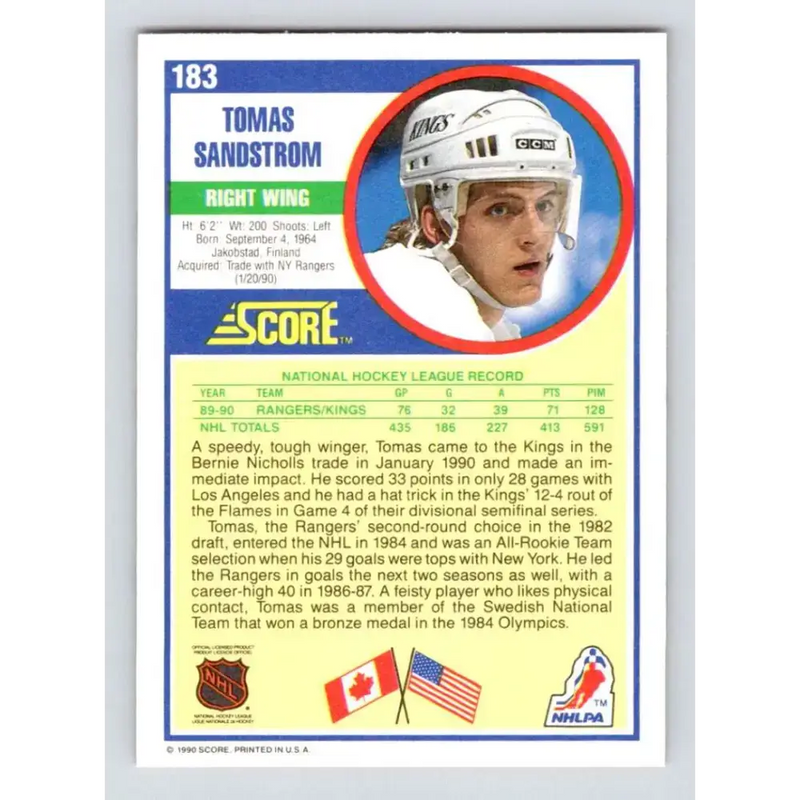 1990-91 Score #183 Tomas Sandstrom NM-MT Los Angeles Kings Hockey Card - Hockey Card Single