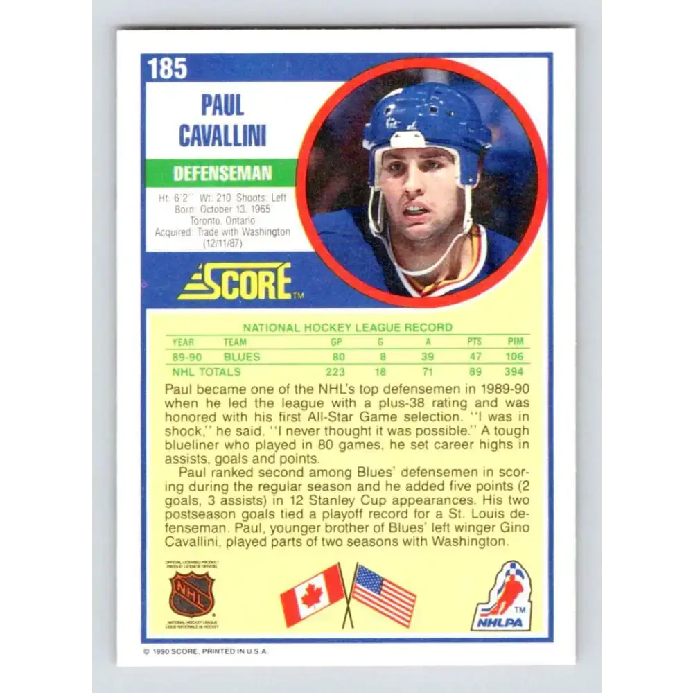 1990-91 Score #185 Paul Cavallini NM-MT St. Louis Blues Hockey Card - Hockey Card Single