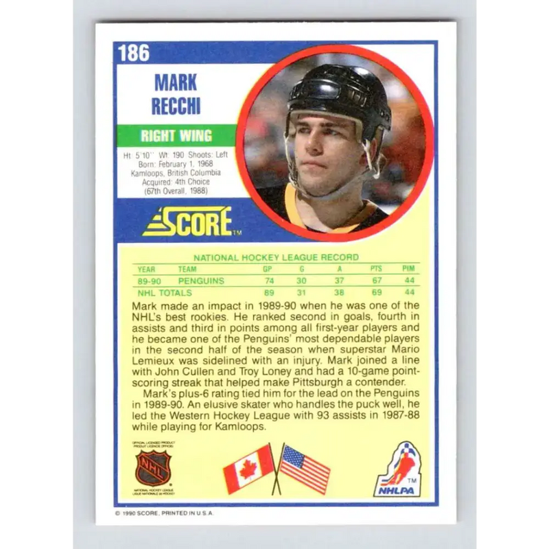 1990-91 Score #186 Mark Recchi NM-MT RC Rookie Pittsburgh Penguins Hockey Card - Hockey Card Single