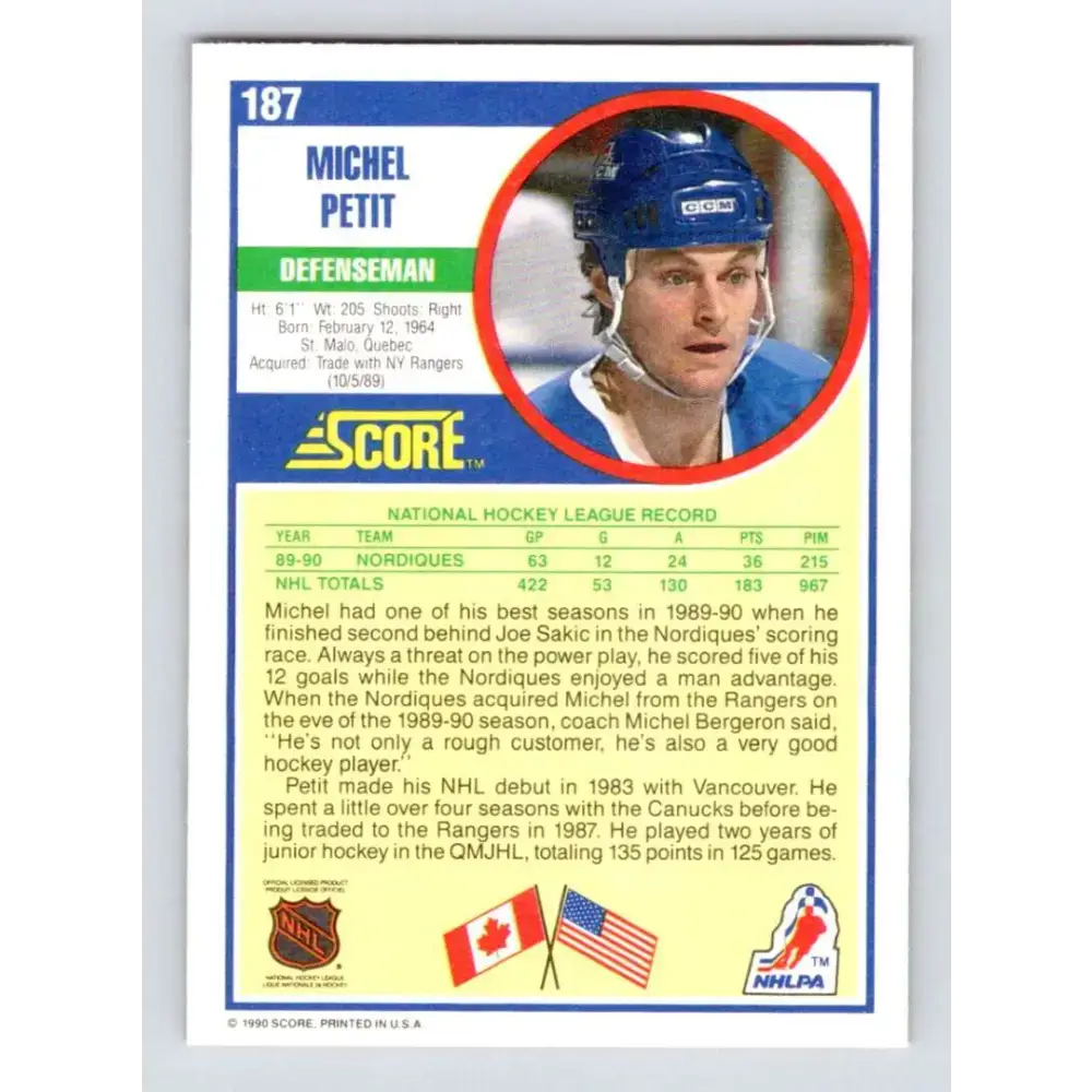 1990-91 Score #187 Michel Petit NM-MT Quebec Nordiques Hockey Card - Hockey Card Single