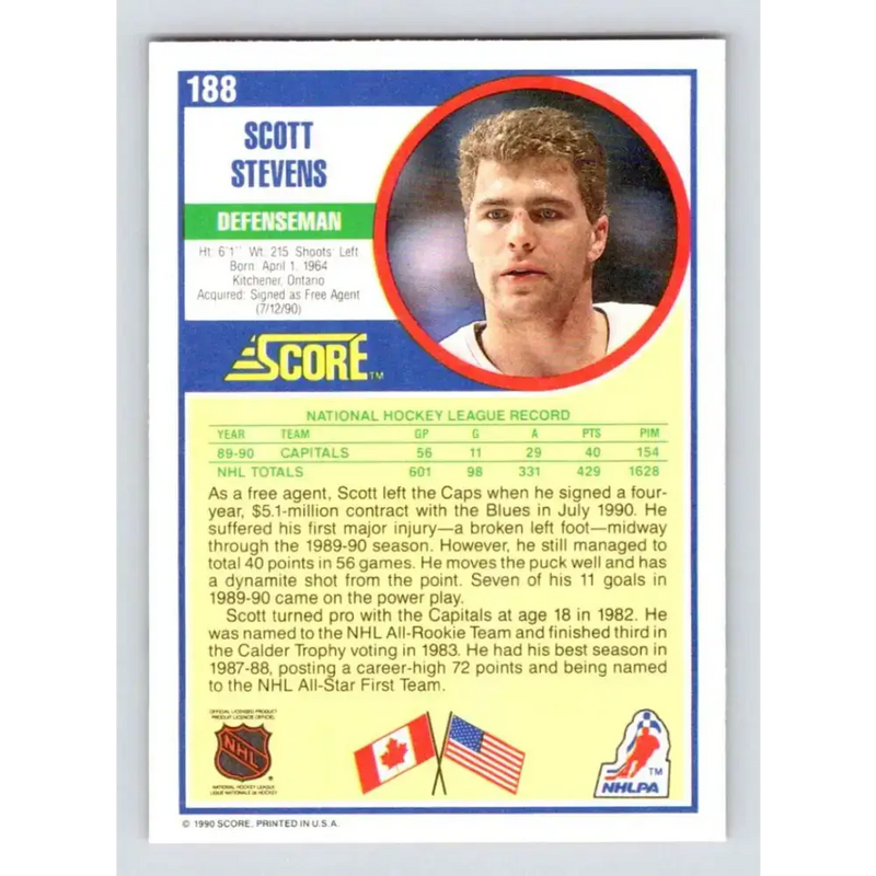 1990-91 Score #188 Scott Stevens NM-MT Washington Capitals Hockey Card - Hockey Card Single