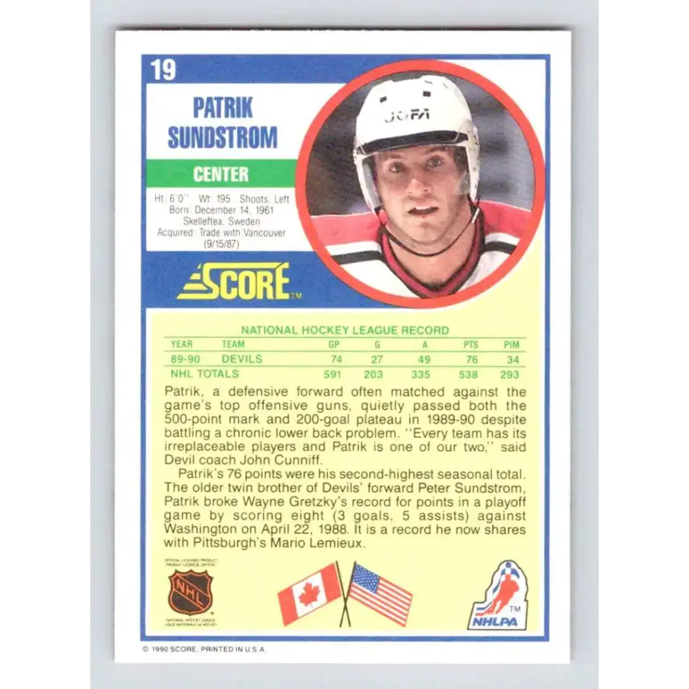 1990-91 Score #19 Patrik Sundstrom NM-MT New Jersey Devils Hockey Card - Hockey Card Single