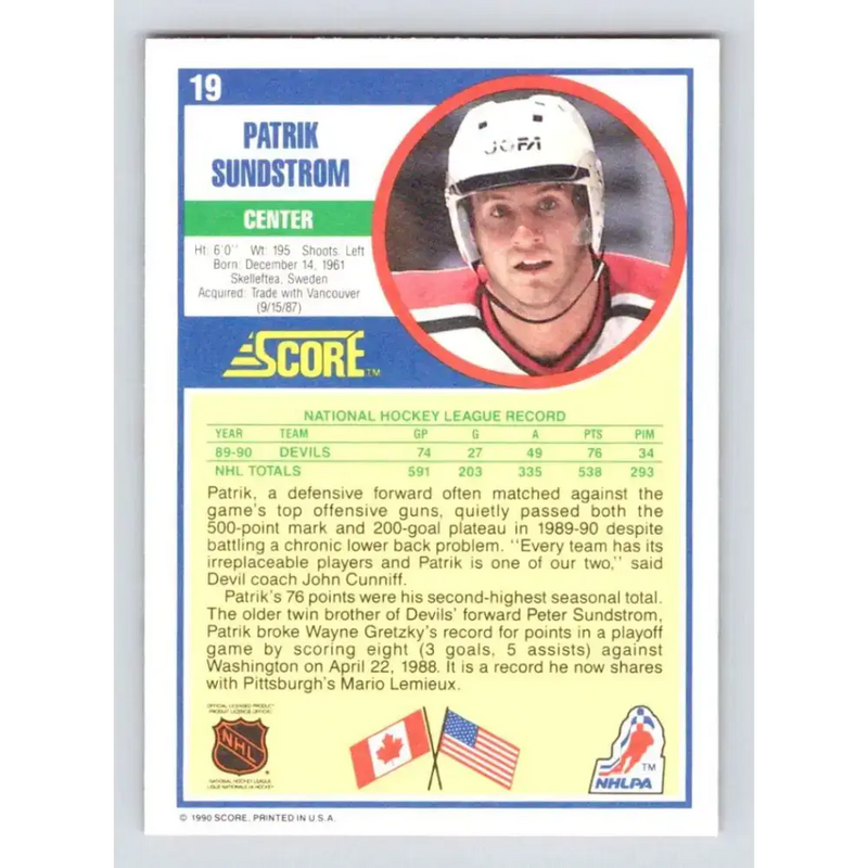 1990-91 Score #19 Patrik Sundstrom NM-MT New Jersey Devils Hockey Card - Hockey Card Single