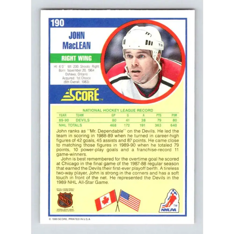1990-91 Score #190 John MacLean NM-MT New Jersey Devils Hockey Card - Hockey Card Single