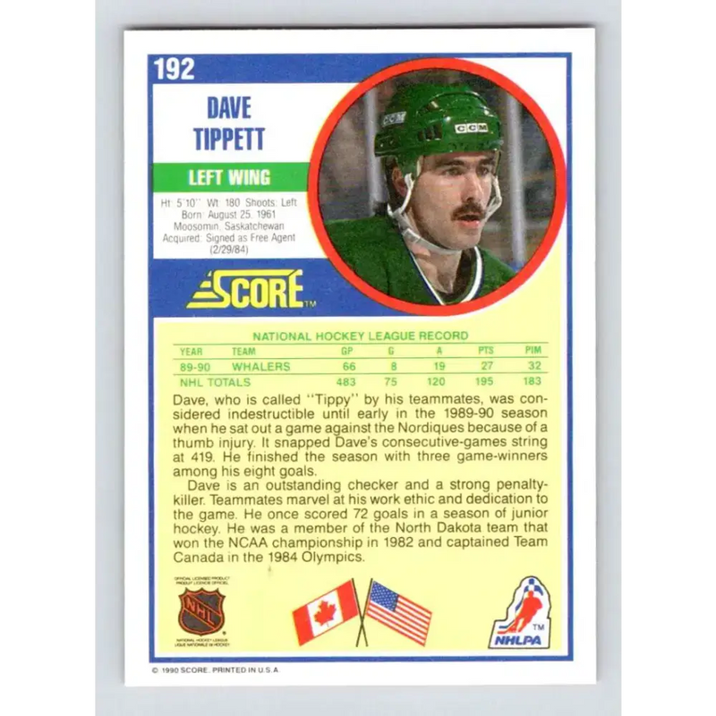 1990-91 Score #192 Dave Tippett NM-MT Hartford Whalers Hockey Card - Hockey Card Single