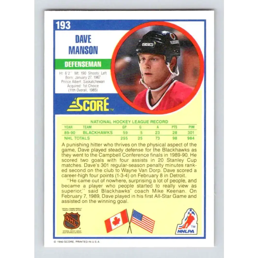 1990-91 Score #193 Dave Manson NM-MT Chicago Blackhawks Hockey Card