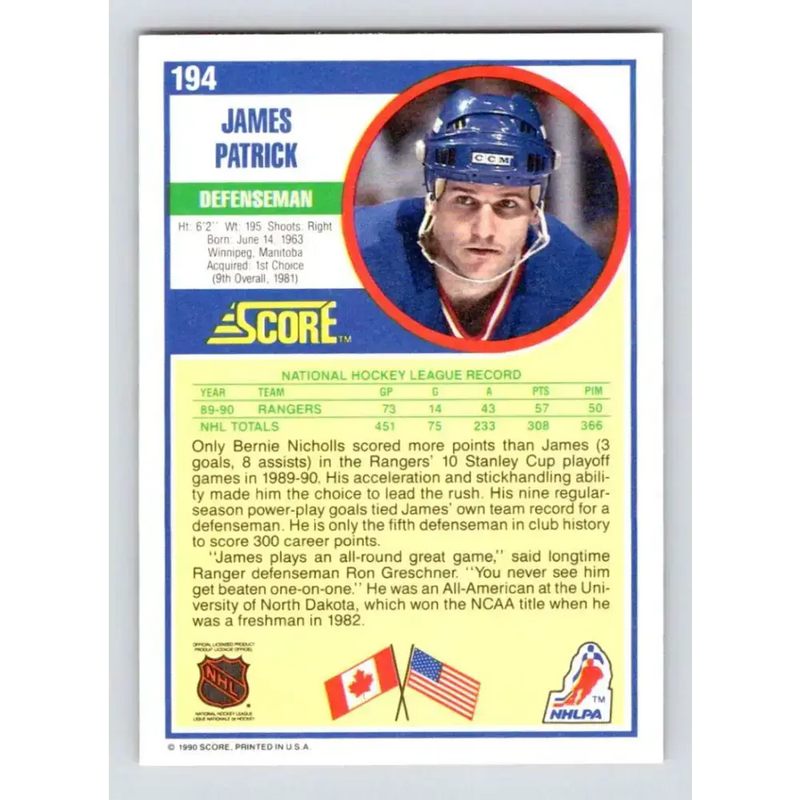 1990-91 Score #194 James Patrick NM-MT New York Rangers Hockey Card - Hockey Card Single