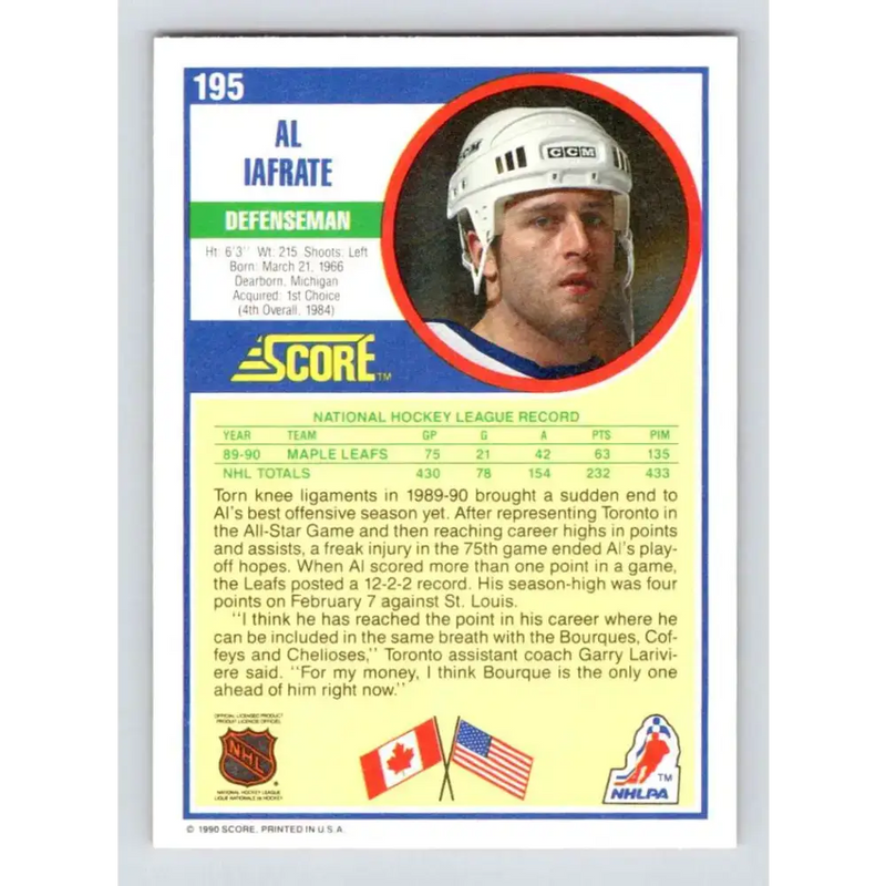 1990-91 Score #195 Al Iafrate NM-MT Toronto Maple Leafs Hockey Card - Hockey Card Single