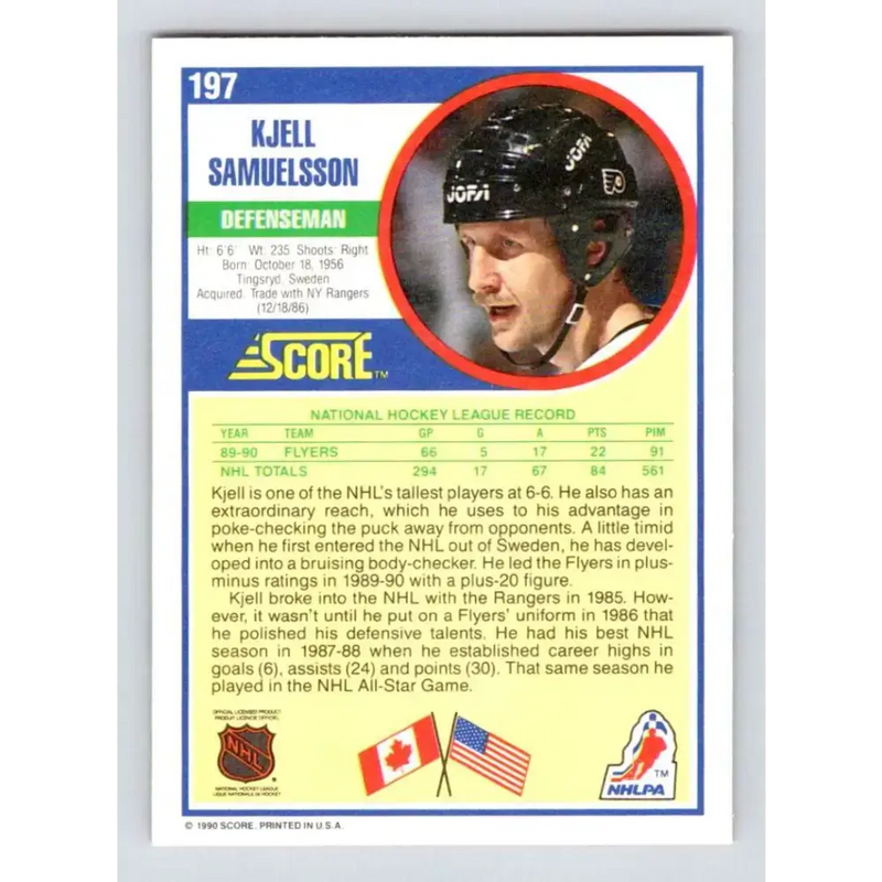 1990-91 Score #197 Kjell Samuelsson NM-MT Philadelphia Flyers Hockey Card - Hockey Card Single