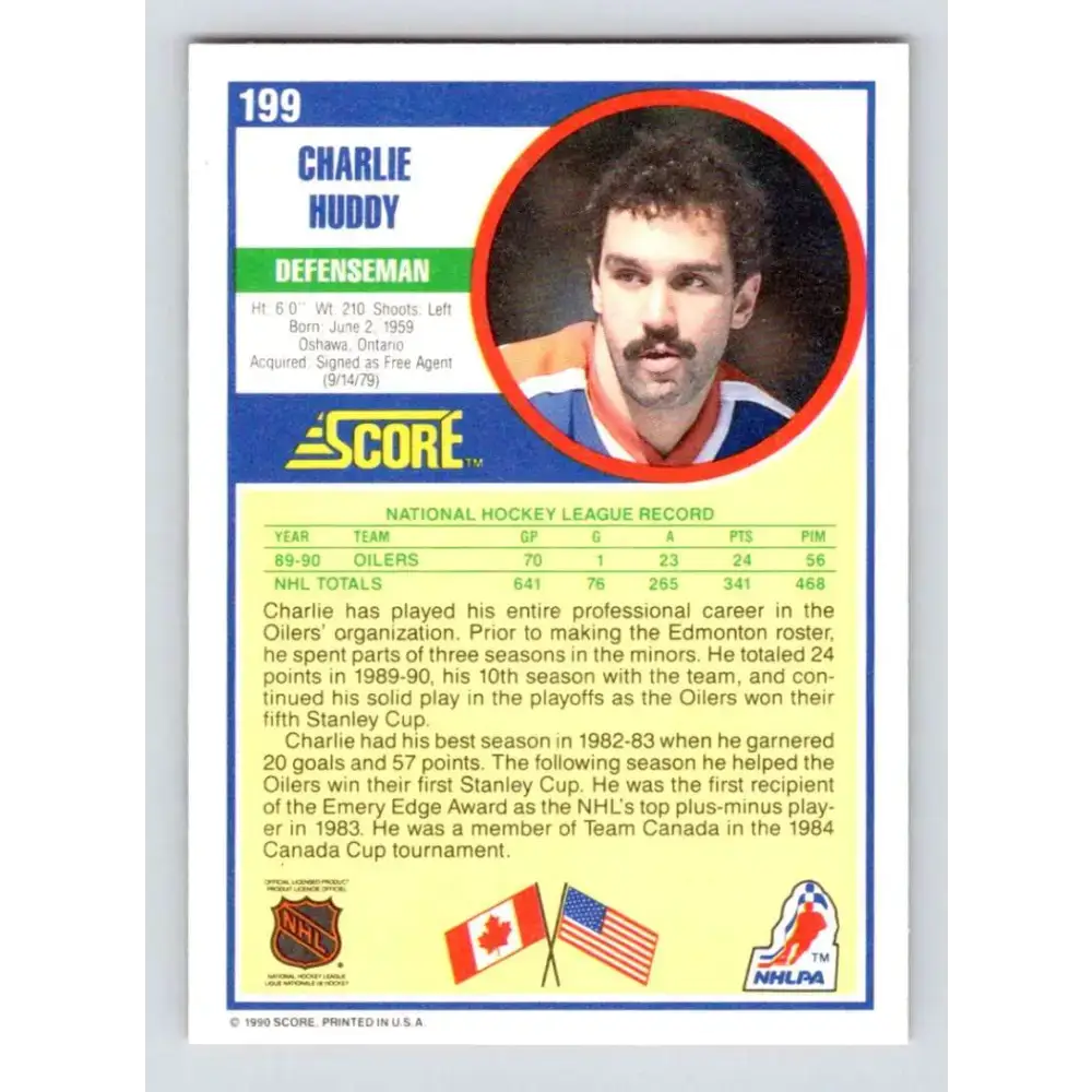 1990-91 Score #199 Charlie Huddy NM-MT Edmonton Oilers Hockey Card - Hockey Card Single