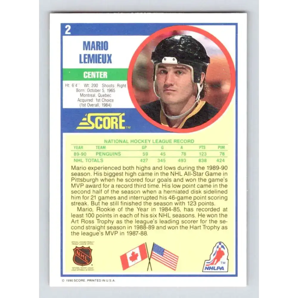 1990-91 Score #2 Mario Lemieux NM-MT Pittsburgh Penguins Hockey Card - Hockey Card Single