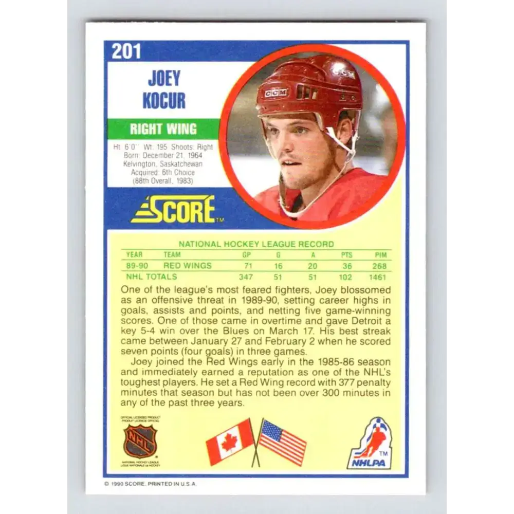 1990-91 Score #201 Joey Kocur NM-MT RC Rookie Detroit Red Wings Hockey Card