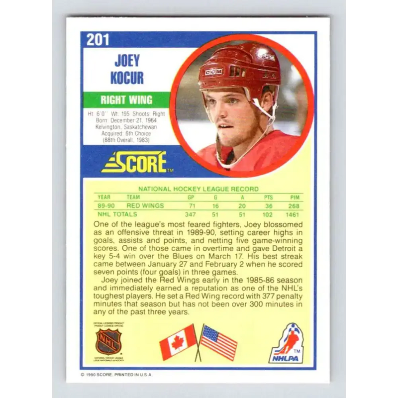 1990-91 Score #201 Joey Kocur NM-MT RC Rookie Detroit Red Wings Hockey Card
