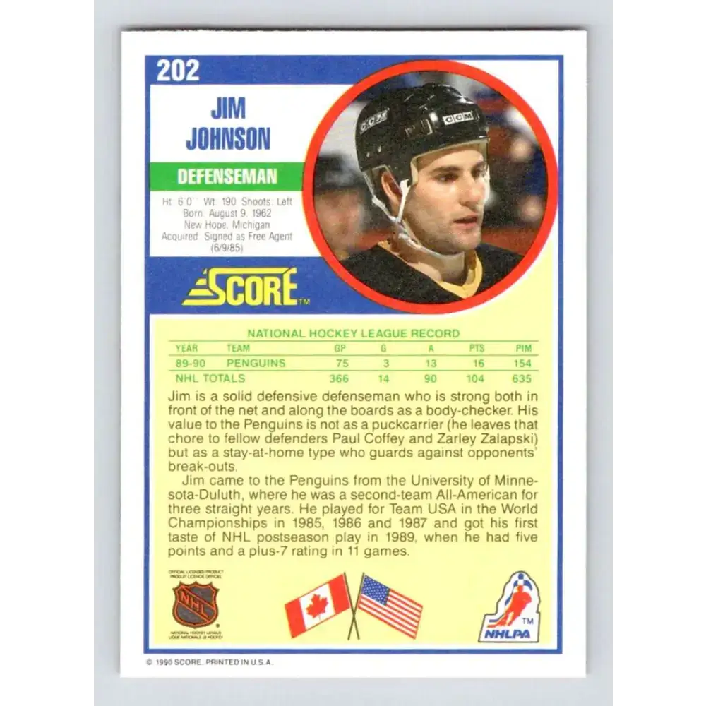 1990-91 Score #202 Jim Johnson NM-MT Pittsburgh Penguins Hockey Card - Hockey Card Single