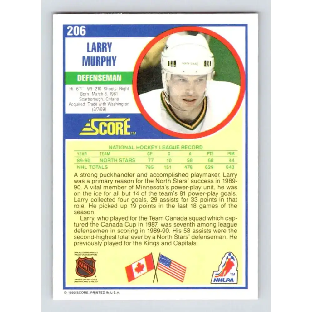 1990-91 Score #206 Larry Murphy NM-MT Minnesota North Stars Hockey Card - Hockey Card Single