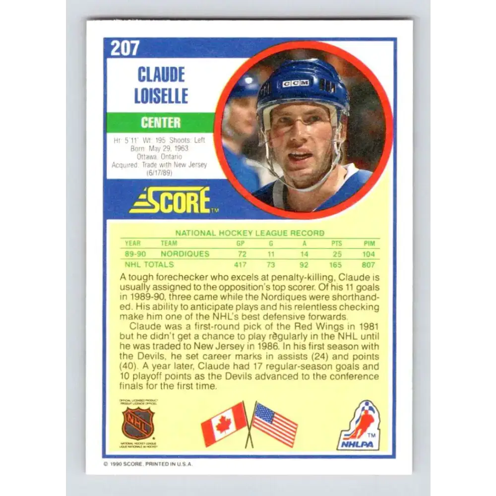1990-91 Score #207 Claude Loiselle NM-MT RC Rookie Quebec Nordiques Hockey Card - Hockey Card Single