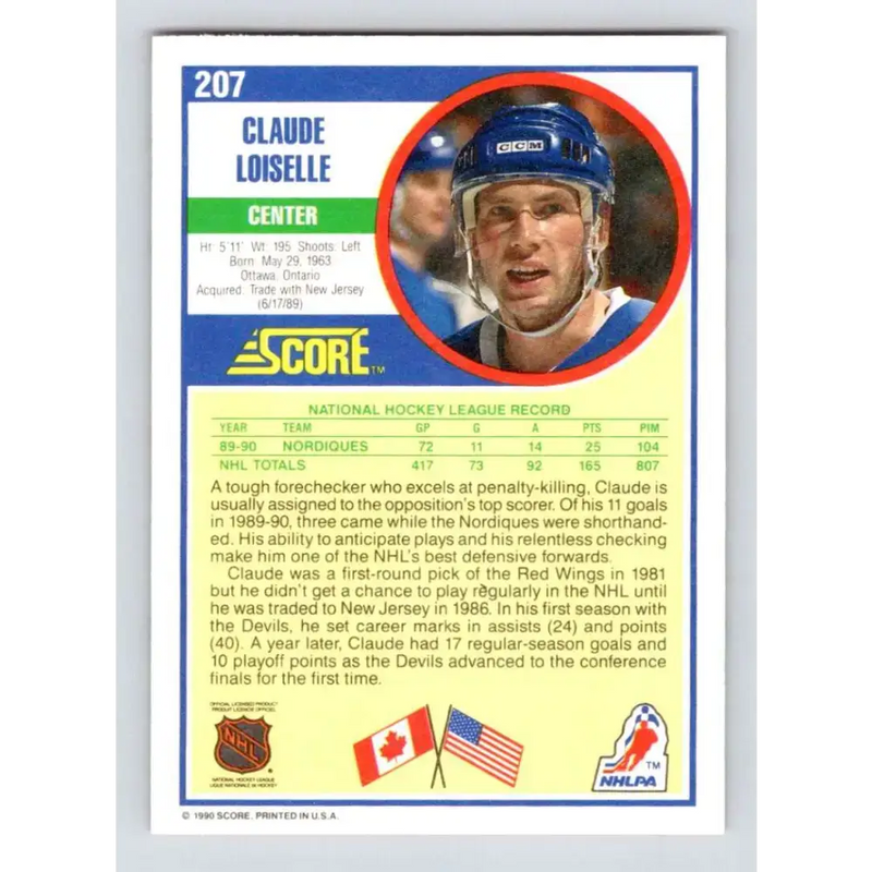 1990-91 Score #207 Claude Loiselle NM-MT RC Rookie Quebec Nordiques Hockey Card - Hockey Card Single