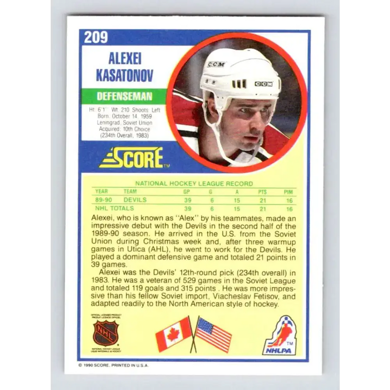 1990-91 Score #209 Alexei Kasatonov NM-MT RC Rookie New Jersey Devils Hockey Card - Hockey Card Single