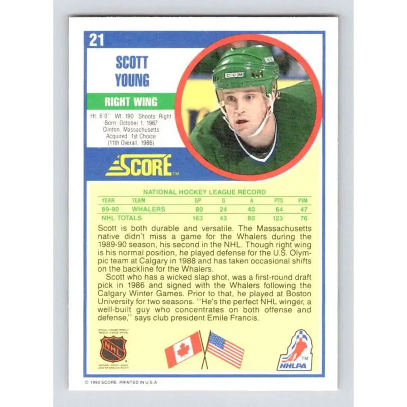 1990-91 Score #21 Scott Young NM-MT Hartford Whalers Hockey Card - Hockey Card Single