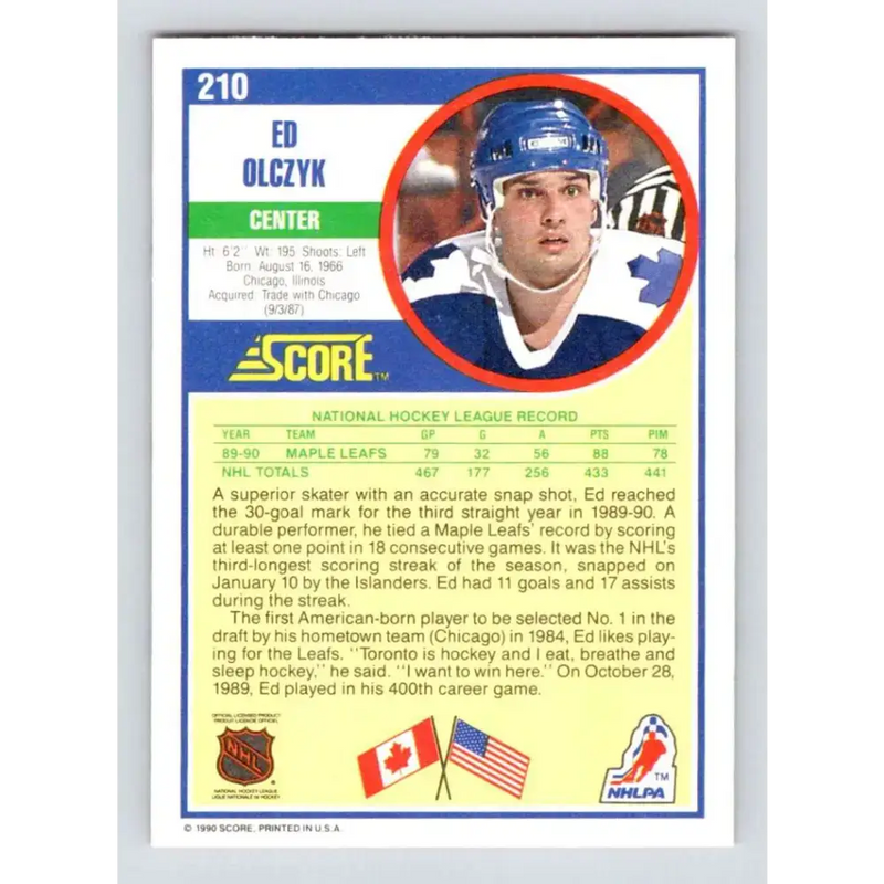 1990-91 Score #210 Ed Olczyk NM-MT Toronto Maple Leafs Hockey Card - Hockey Card Single