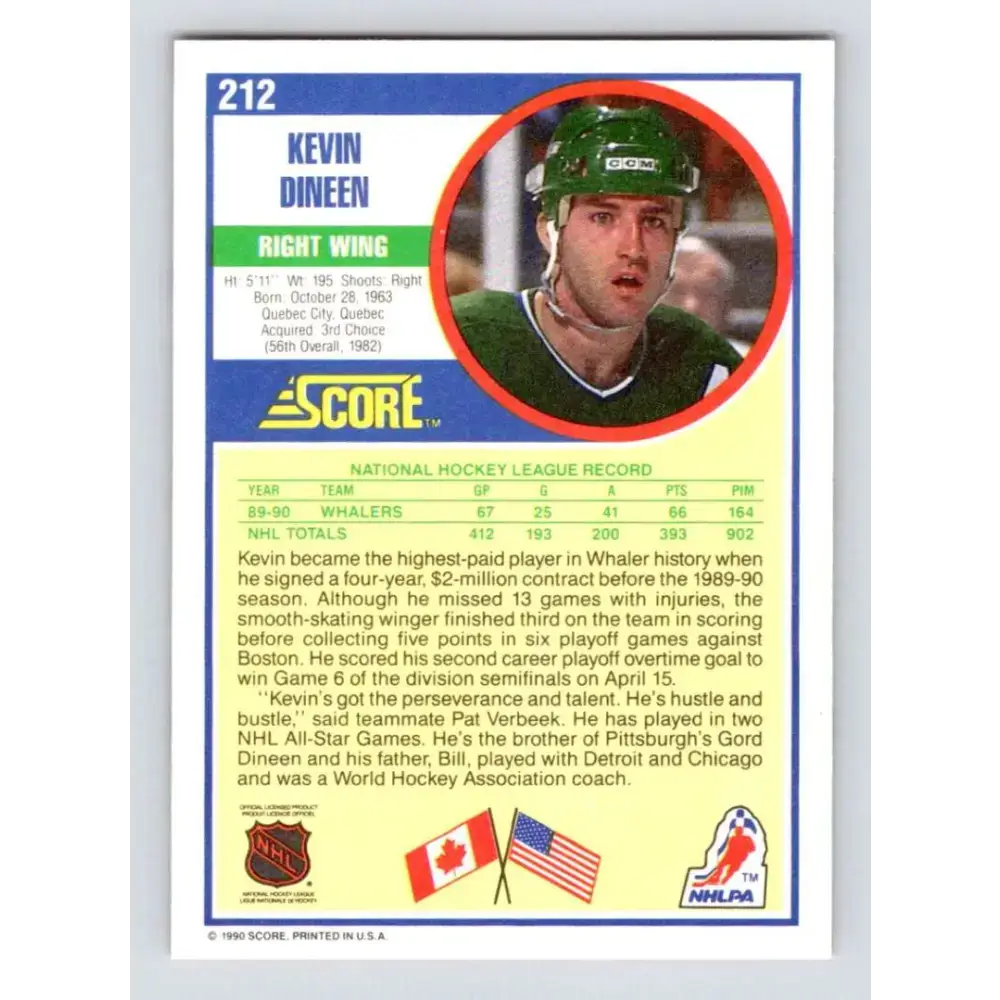 1990-91 Score #212 Kevin Dineen NM-MT Hartford Whalers Hockey Card - Hockey Card Single