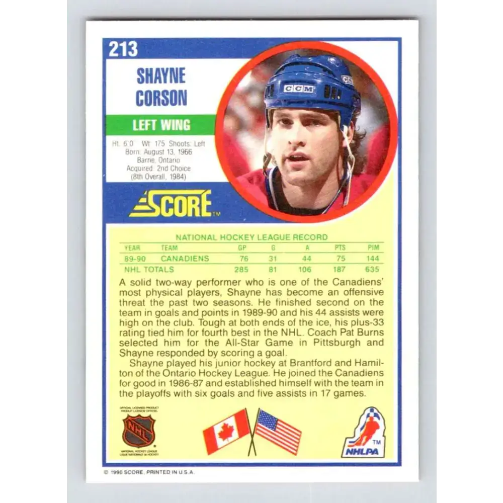 1990-91 Score #213 Shayne Corson NM-MT Montreal Canadiens Hockey Card - Hockey Card Single