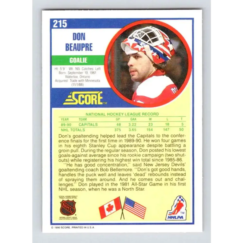 1990-91 Score #215 Don Beaupre NM-MT Washington Capitals Hockey Card - Hockey Card Single