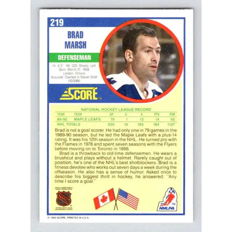 1990-91 Score #219 Brad Marsh NM-MT Toronto Maple Leafs Hockey Card - Hockey Card Single
