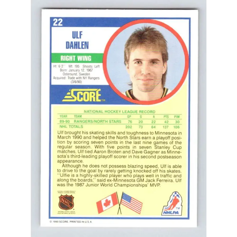 1990-91 Score #22 Ulf Dahlen NM-MT Minnesota North Stars Hockey Card - Hockey Card Single