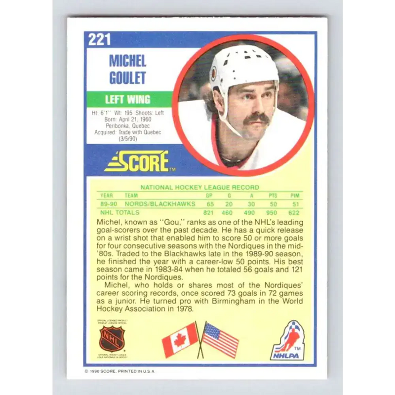 1990-91 Score #221 Michel Goulet NM-MT Chicago Blackhawks Hockey Card - Hockey Card Single