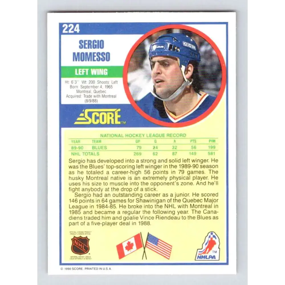 1990-91 Score #224 Sergio Momesso NM-MT RC Rookie St. Louis Blues Hockey Card - Hockey Card Single