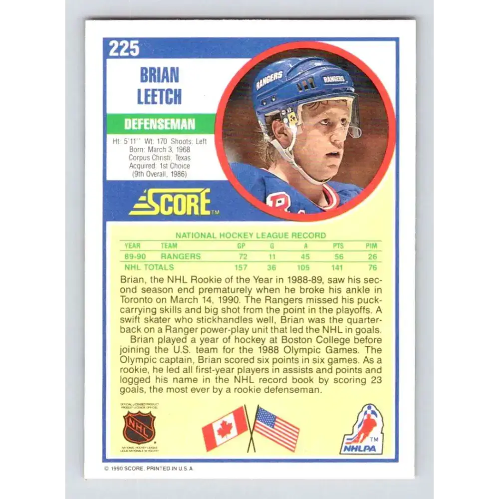 1990-91 Score #225 Brian Leetch NM-MT New York Rangers Hockey Card - Hockey Card Single